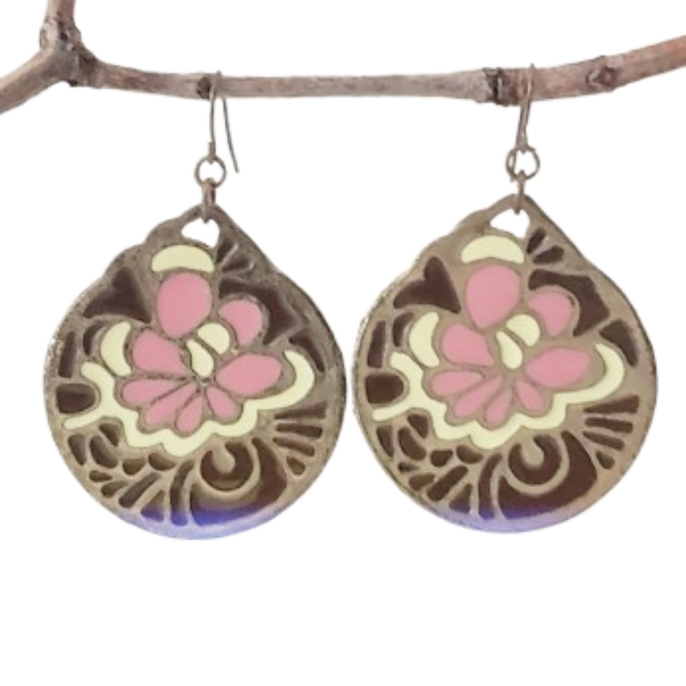 Metal Embossed Discs With Enamel Floral Inlay Dangly Earrings